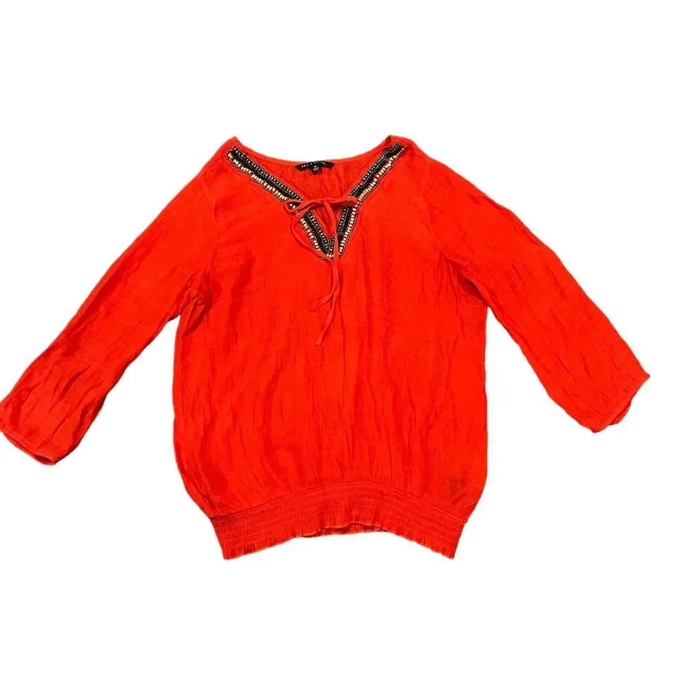 Zac & Rachel Beaded Detail‎ Long Sleeve Tie-Up Neckline Peasant Top - Medium